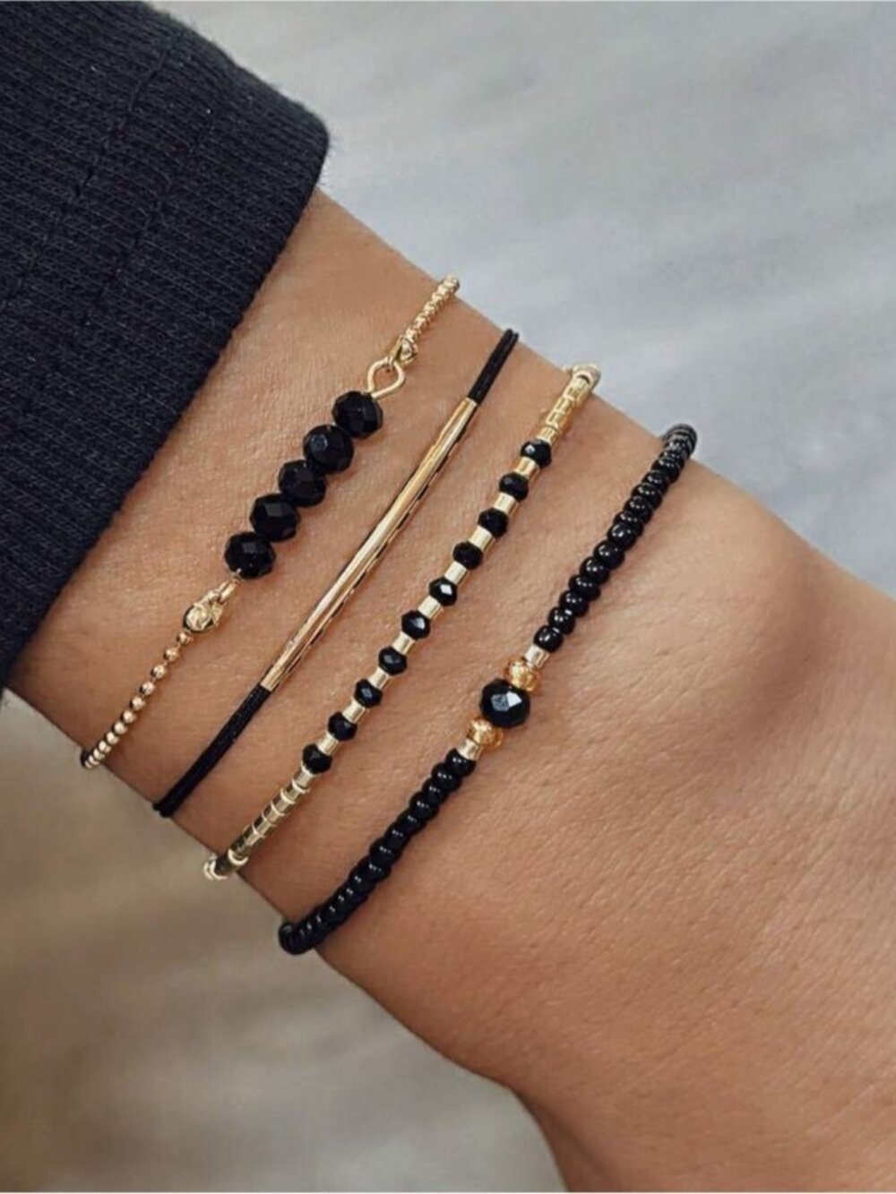 Gold & Black Beaded Layered Bracelet Set (4pcs)  - Women's Jewelry